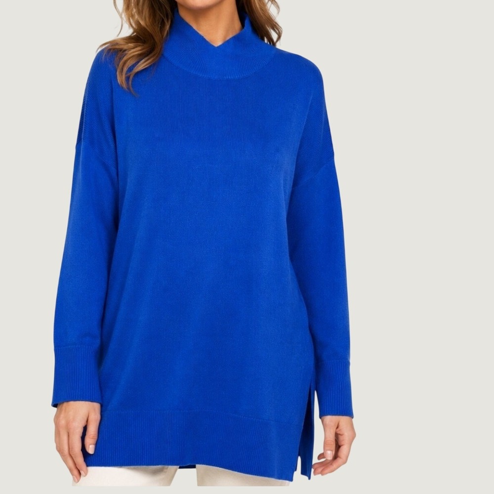 New York & Company Tunic Sweater Women L Blue Mock Neck High Low Knit